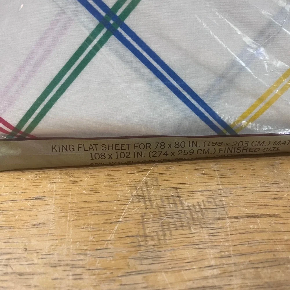 Vtg 80s Springmaid Wondercale King Flat Sheet Primeline Rainbow Grid‎ Geometric